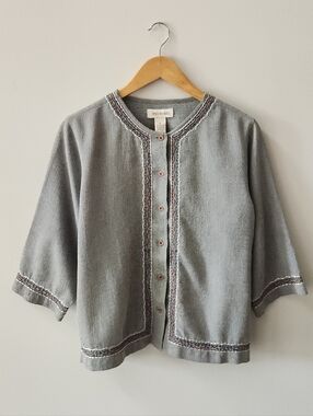 Bechamel Gray Textured Button-Up Top Crochet Trim 3/4 Sleeve Medium